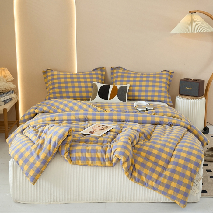 91家纺网 家纺一手货源 找家纺 三沁家居 2025新款全棉色织水洗棉大豆被冬被被子被芯 紫黄中格