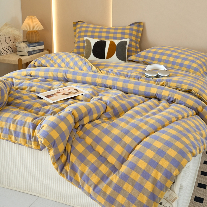 91家纺网 家纺一手货源 找家纺 三沁家居 2025新款全棉色织水洗棉大豆被冬被被子被芯 紫黄中格