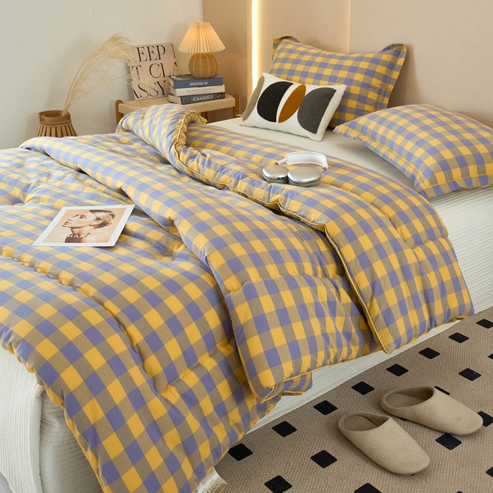 91家纺网 家纺一手货源 找家纺 三沁家居 2025新款全棉色织水洗棉大豆被冬被被子被芯 紫黄中格