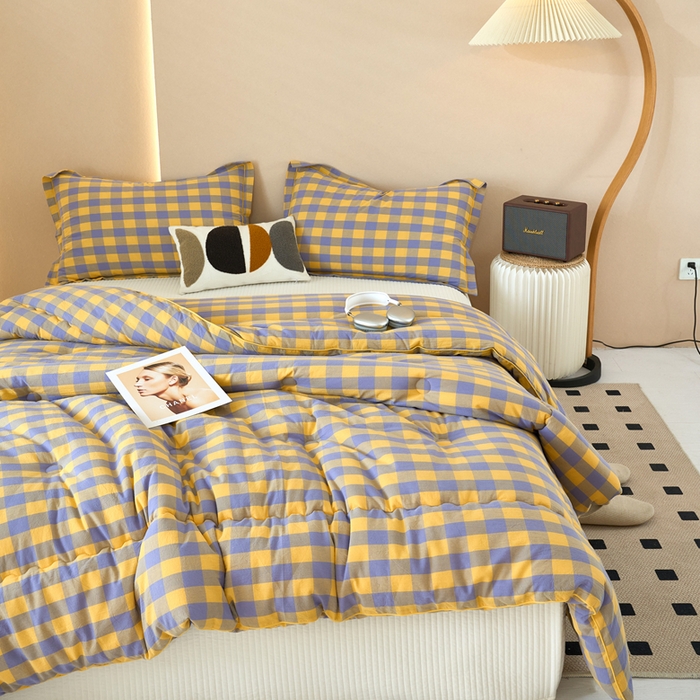 91家纺网 家纺一手货源 找家纺 三沁家居 2025新款全棉色织水洗棉大豆被冬被被子被芯 紫黄中格