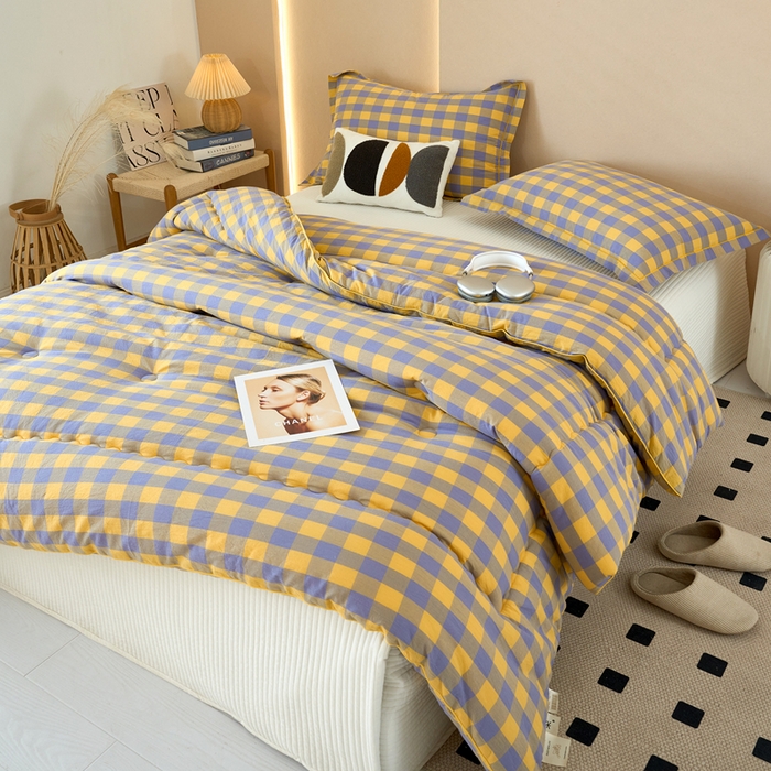 91家纺网 家纺一手货源 找家纺 三沁家居 2025新款全棉色织水洗棉大豆被冬被被子被芯 紫黄中格