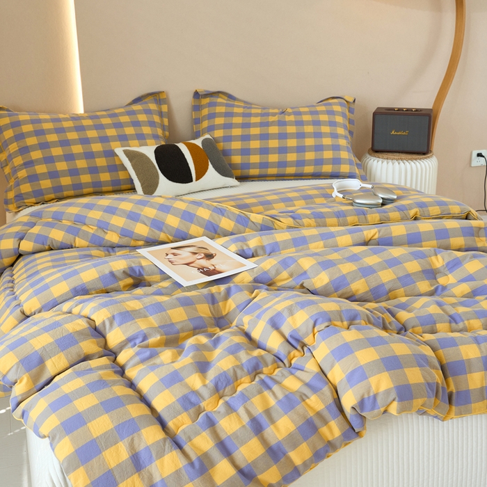 91家纺网 家纺一手货源 找家纺 三沁家居 2025新款全棉色织水洗棉大豆被冬被被子被芯 紫黄中格