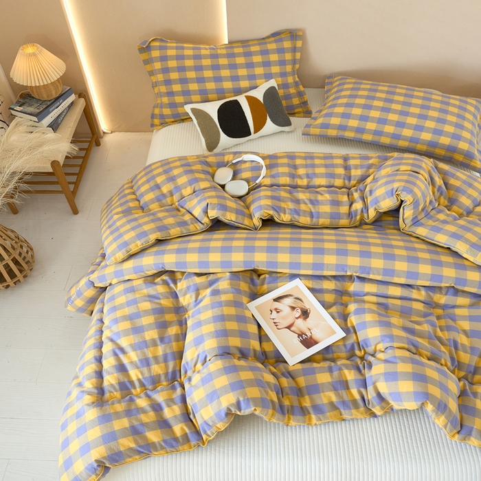 91家纺网 家纺一手货源 找家纺 三沁家居 2025新款全棉色织水洗棉大豆被冬被被子被芯 紫黄中格