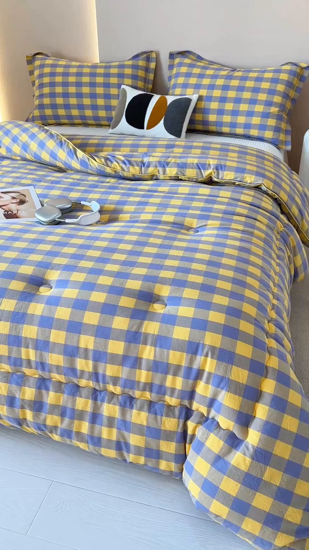 91家纺网 家纺一手货源 找家纺 三沁家居 2025新款全棉色织水洗棉大豆被冬被被子被芯 紫黄中格