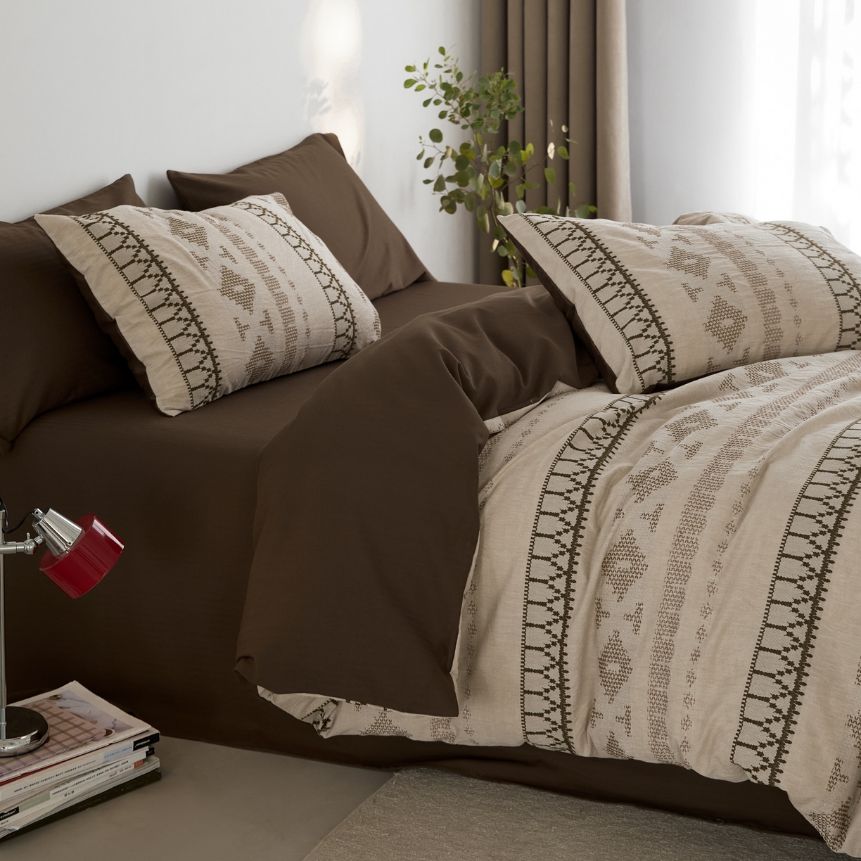 91家纺网 家纺一手货源 找家纺 （总）山舍家居 2025新款全棉纯棉特种彩纱针刺子提花四件套-费尔岛的故事-卡其棕