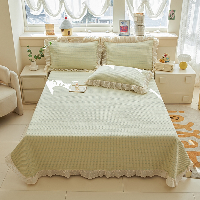 91家纺网 家纺一手货源 找家纺 源舜家纺 2026新款天丝棉麻莱赛尔莫代尔天丝棉米粒绣床盖三件套 米粒-绿