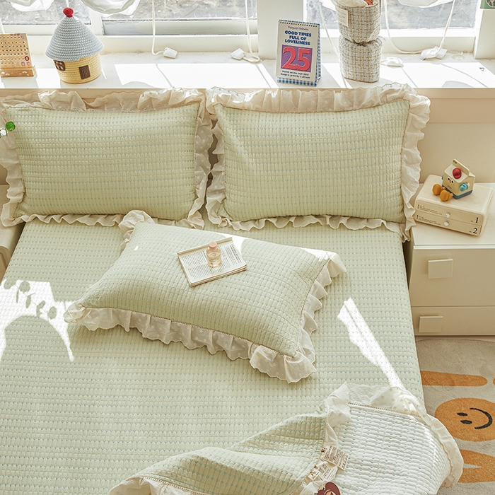 91家纺网 家纺一手货源 找家纺 源舜家纺 2026新款天丝棉麻莱赛尔莫代尔天丝棉米粒绣床盖三件套 米粒-绿