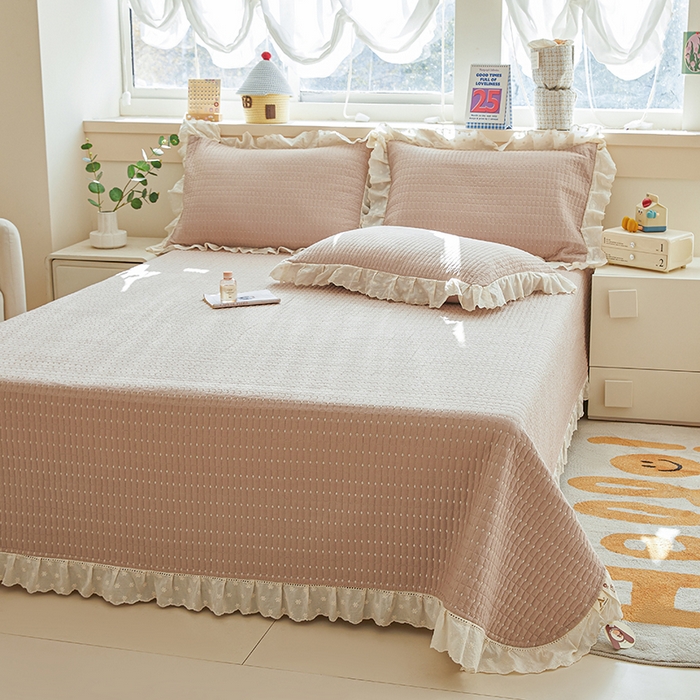 91家纺网 家纺一手货源 找家纺 源舜家纺 2026新款天丝棉麻莱赛尔莫代尔天丝棉米粒绣床盖三件套 米粒-豆沙