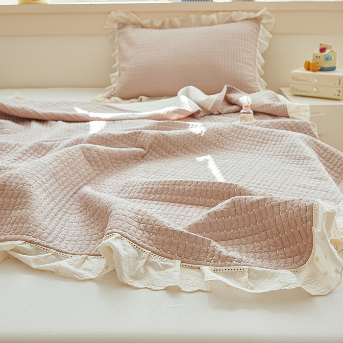 91家纺网 家纺一手货源 找家纺 源舜家纺 2026新款天丝棉麻莱赛尔莫代尔天丝棉米粒绣床盖三件套 米粒-豆沙