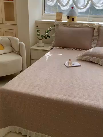 91家纺网 家纺一手货源 找家纺 源舜家纺 2026新款天丝棉麻莱赛尔莫代尔天丝棉米粒绣床盖三件套 米粒-豆沙