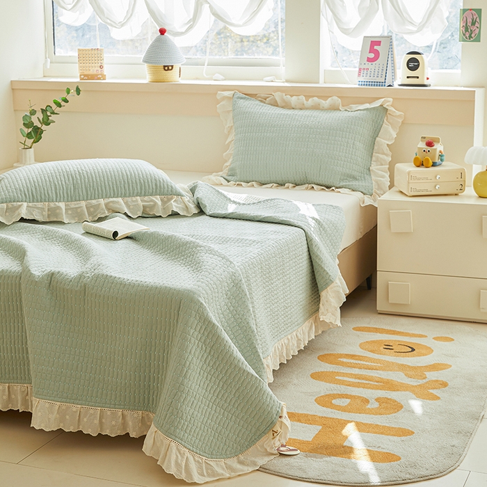 91家纺网 家纺一手货源 找家纺 源舜家纺 2026新款天丝棉麻莱赛尔莫代尔天丝棉米粒绣床盖三件套 米粒-蓝