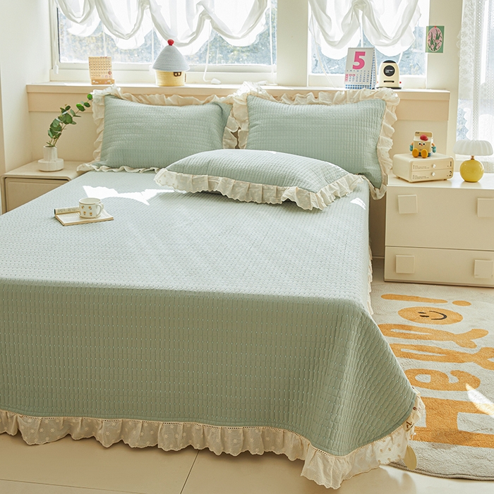 91家纺网 家纺一手货源 找家纺 源舜家纺 2026新款天丝棉麻莱赛尔莫代尔天丝棉米粒绣床盖三件套 米粒-蓝