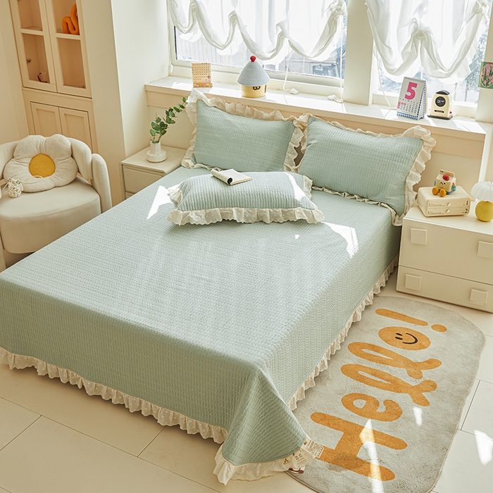 91家纺网 家纺一手货源 找家纺 源舜家纺 2026新款天丝棉麻莱赛尔莫代尔天丝棉米粒绣床盖三件套 米粒-蓝