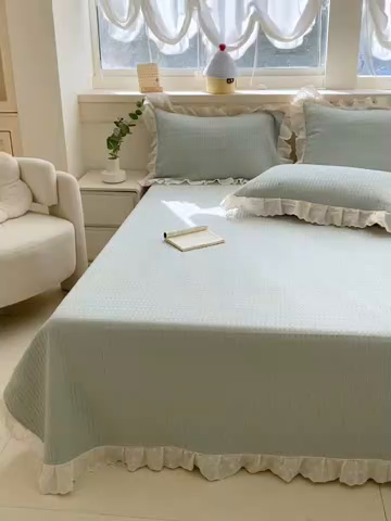 91家纺网 家纺一手货源 找家纺 源舜家纺 2026新款天丝棉麻莱赛尔莫代尔天丝棉米粒绣床盖三件套 米粒-蓝