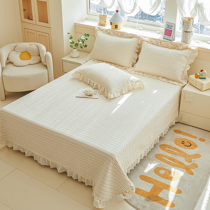 91家纺网 家纺一手货源 找家纺 源舜家纺 2026新款天丝棉麻莱赛尔莫代尔天丝棉米粒绣床盖三件套 米粒-米