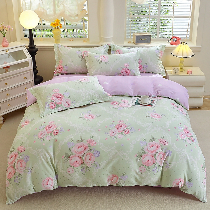 91家纺网 家纺一手货源 找家纺 牧笛缘家纺 2025新款全棉12868四件套绿韵粉黛