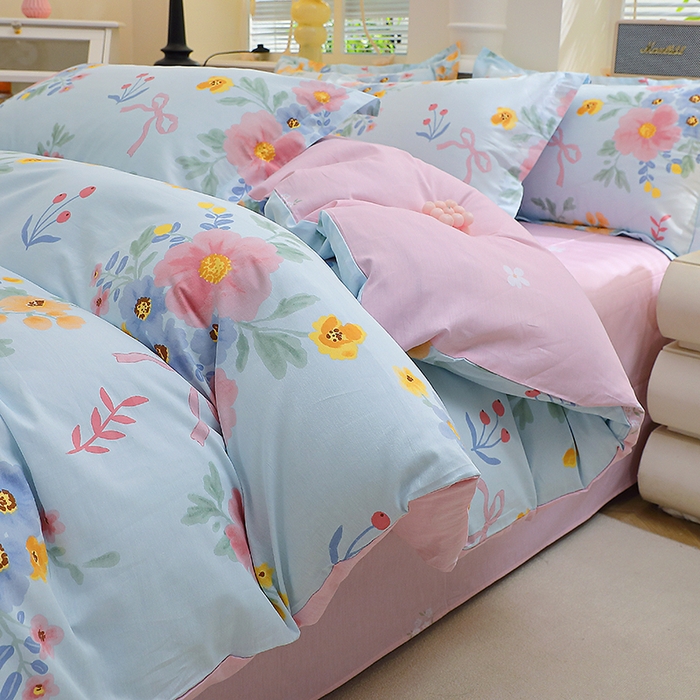 91家纺网 家纺一手货源 找家纺 牧笛缘家纺 2025新款全棉12868四件套锦瑟花漾-蓝