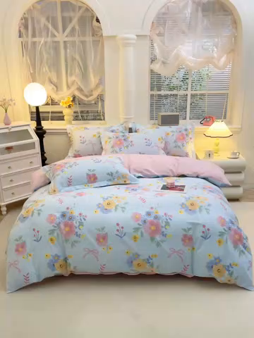 91家纺网 家纺一手货源 找家纺 牧笛缘家纺 2025新款全棉12868四件套锦瑟花漾-蓝