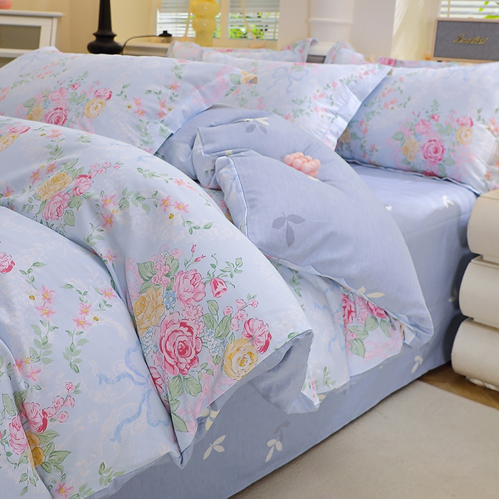 牧笛缘家纺 2025新款全棉12868四件套蓝韵花影