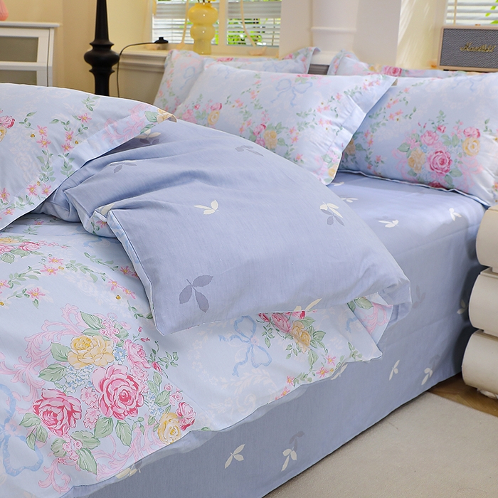 91家纺网 家纺一手货源 找家纺 牧笛缘家纺 2025新款全棉12868四件套蓝韵花影