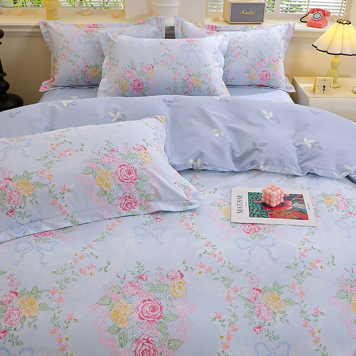 91家纺网 家纺一手货源 找家纺 牧笛缘家纺 2025新款全棉12868四件套蓝韵花影