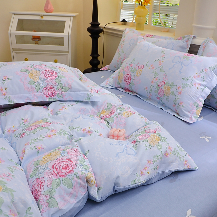 91家纺网 家纺一手货源 找家纺 牧笛缘家纺 2025新款全棉12868四件套蓝韵花影