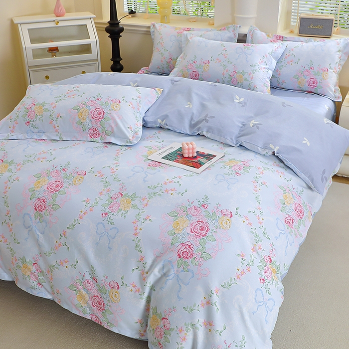 91家纺网 家纺一手货源 找家纺 牧笛缘家纺 2025新款全棉12868四件套蓝韵花影