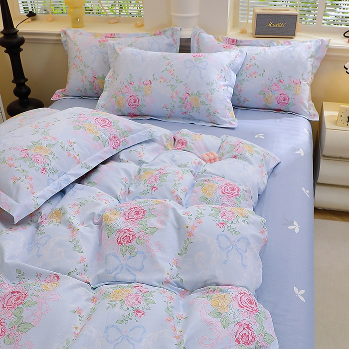 91家纺网 家纺一手货源 找家纺 牧笛缘家纺 2025新款全棉12868四件套蓝韵花影