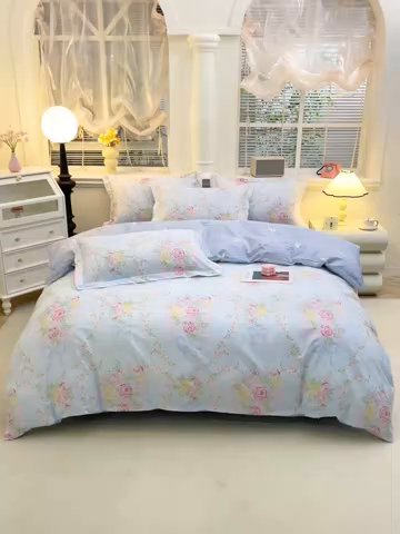 91家纺网 家纺一手货源 找家纺 牧笛缘家纺 2025新款全棉12868四件套蓝韵花影