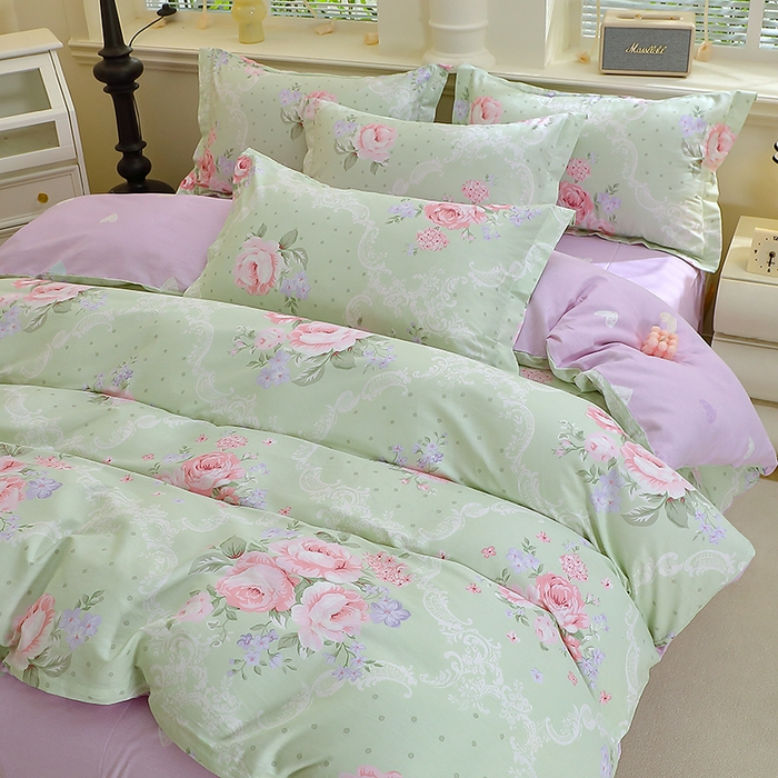 91家纺网 家纺一手货源 找家纺 牧笛缘家纺 2025新款全棉12868四件套绿韵粉黛