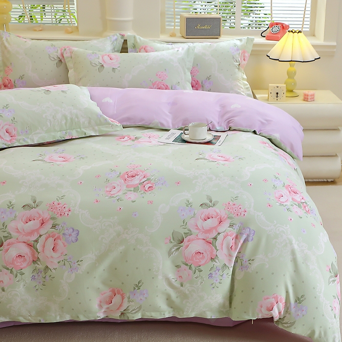 91家纺网 家纺一手货源 找家纺 牧笛缘家纺 2025新款全棉12868四件套绿韵粉黛