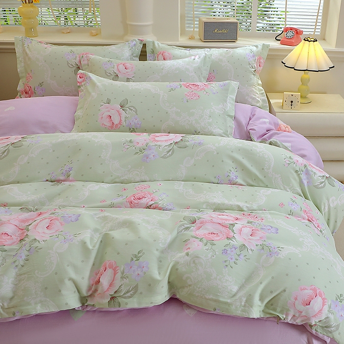 91家纺网 家纺一手货源 找家纺 牧笛缘家纺 2025新款全棉12868四件套绿韵粉黛