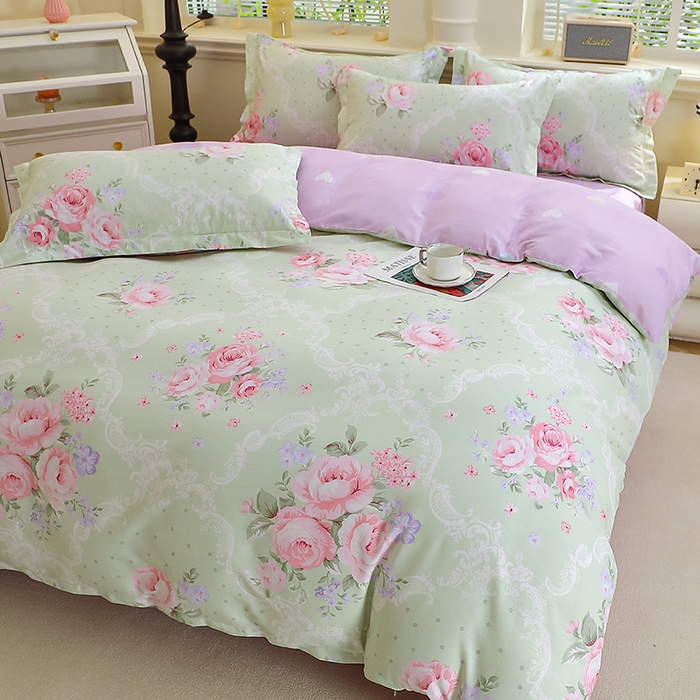 91家纺网 家纺一手货源 找家纺 牧笛缘家纺 2025新款全棉12868四件套绿韵粉黛