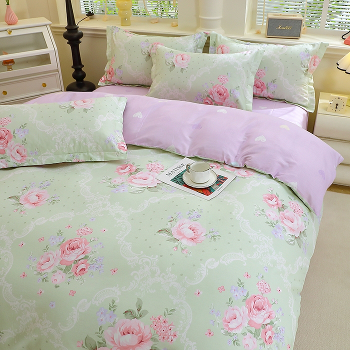 91家纺网 家纺一手货源 找家纺 牧笛缘家纺 2025新款全棉12868四件套绿韵粉黛