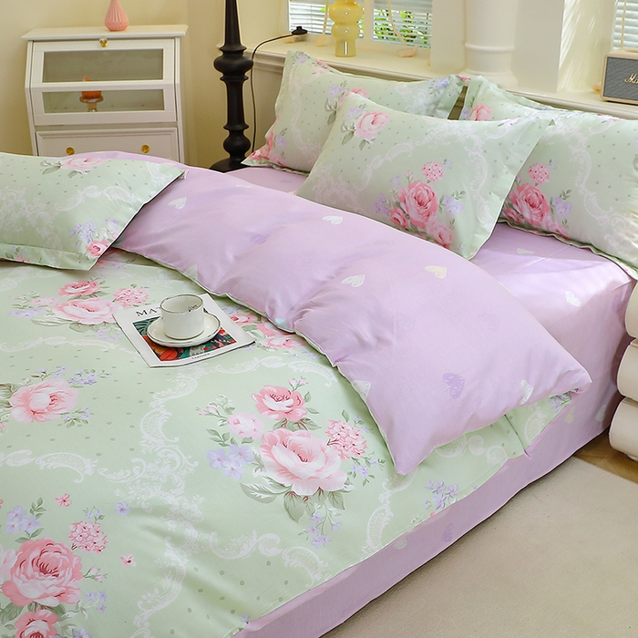 91家纺网 家纺一手货源 找家纺 牧笛缘家纺 2025新款全棉12868四件套绿韵粉黛