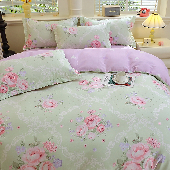 91家纺网 家纺一手货源 找家纺 牧笛缘家纺 2025新款全棉12868四件套绿韵粉黛