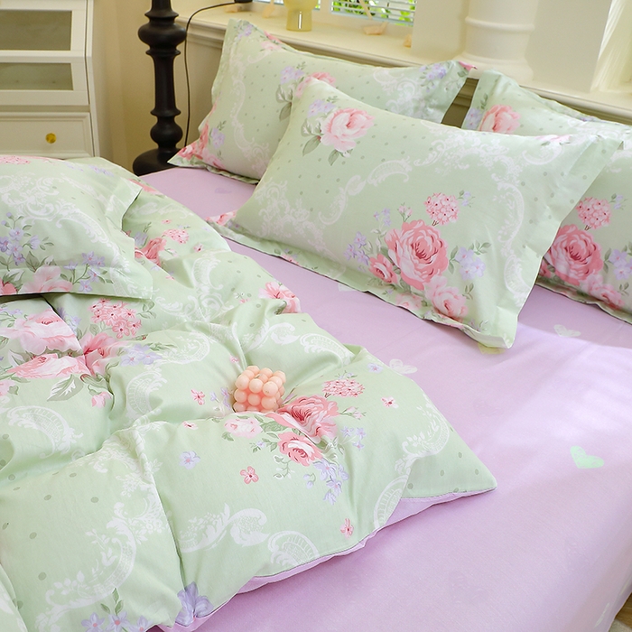 91家纺网 家纺一手货源 找家纺 牧笛缘家纺 2025新款全棉12868四件套绿韵粉黛