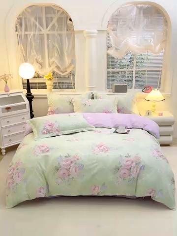 91家纺网 家纺一手货源 找家纺 牧笛缘家纺 2025新款全棉12868四件套绿韵粉黛