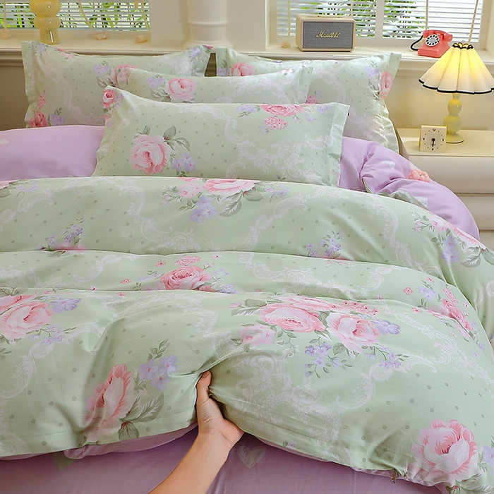 91家纺网 家纺一手货源 找家纺 牧笛缘家纺 2025新款全棉12868单被套绿韵粉黛