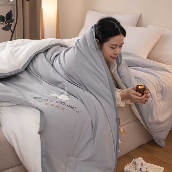 91家纺网 家纺一手货源 找家纺 衿成家纺 2025新款如沐暖阳新疆棉花被子被芯 灰拼白