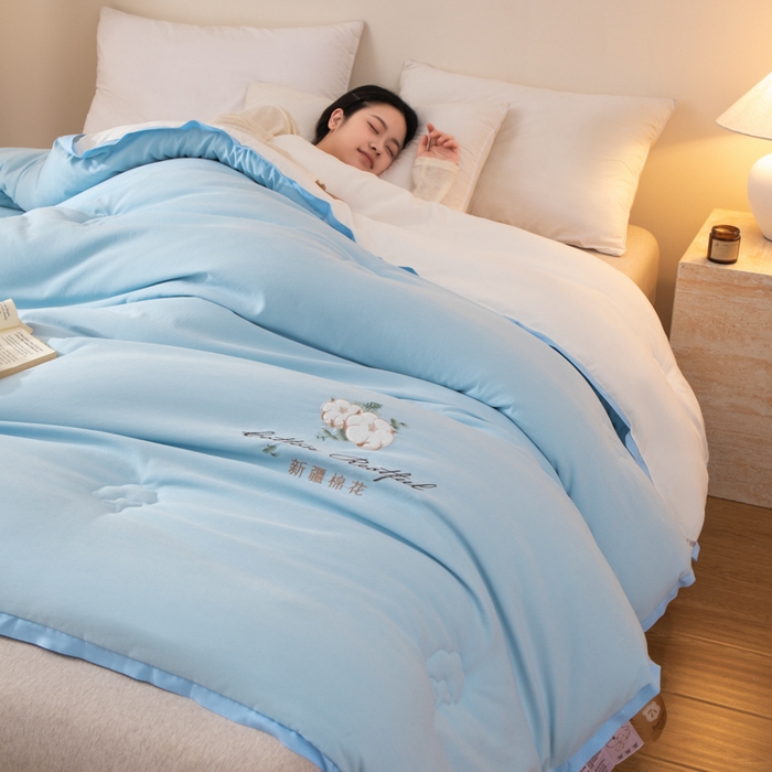 91家纺网 家纺一手货源 找家纺 衿成家纺 2025新款如沐暖阳新疆棉花被子被芯 蓝拼白