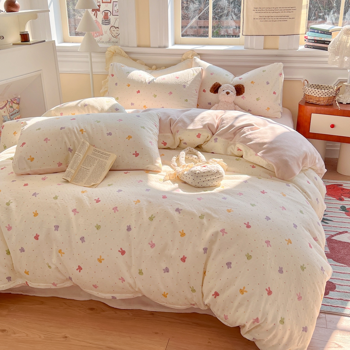 金丝鸟家纺 2025新款全棉双层纱加牛奶绒四件套 彩色小兔子