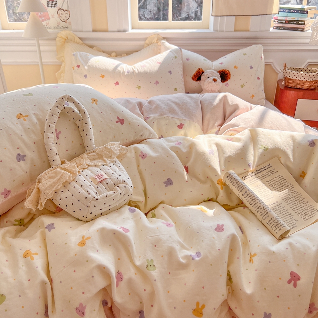 91家纺网 家纺一手货源 找家纺 金丝鸟家纺 2025新款全棉双层纱加牛奶绒四件套 彩色小兔子