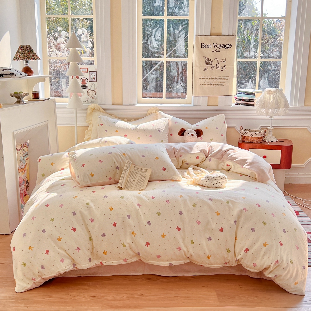 91家纺网 家纺一手货源 找家纺 金丝鸟家纺 2025新款全棉双层纱加牛奶绒四件套 彩色小兔子