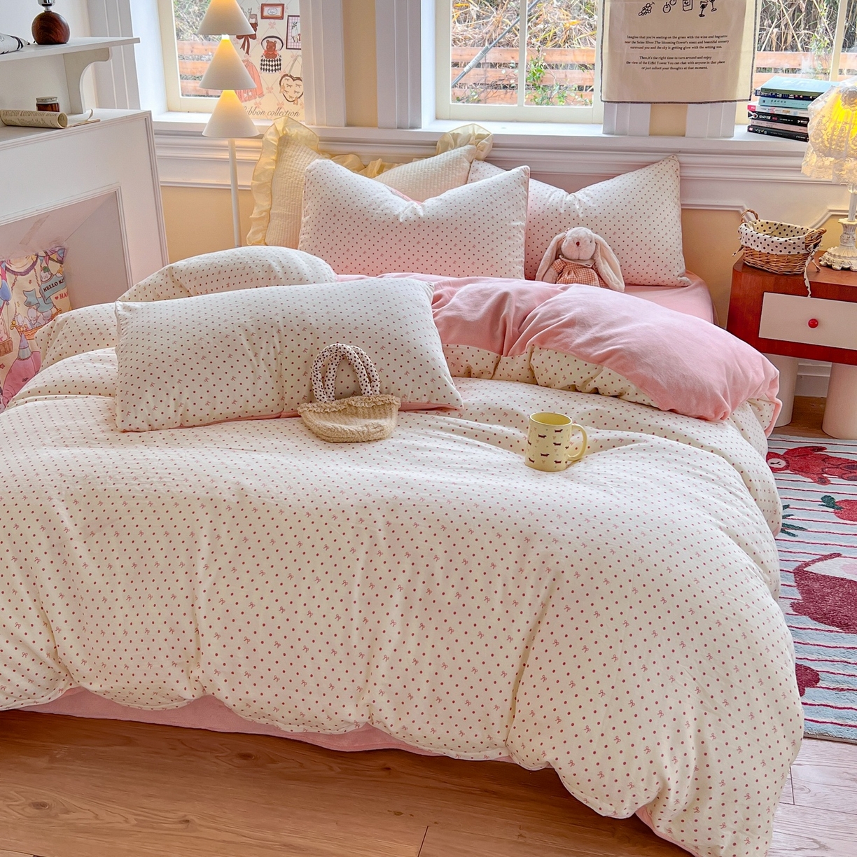 金丝鸟家纺 2025新款全棉双层纱加牛奶绒四件套 点点礼物 粉