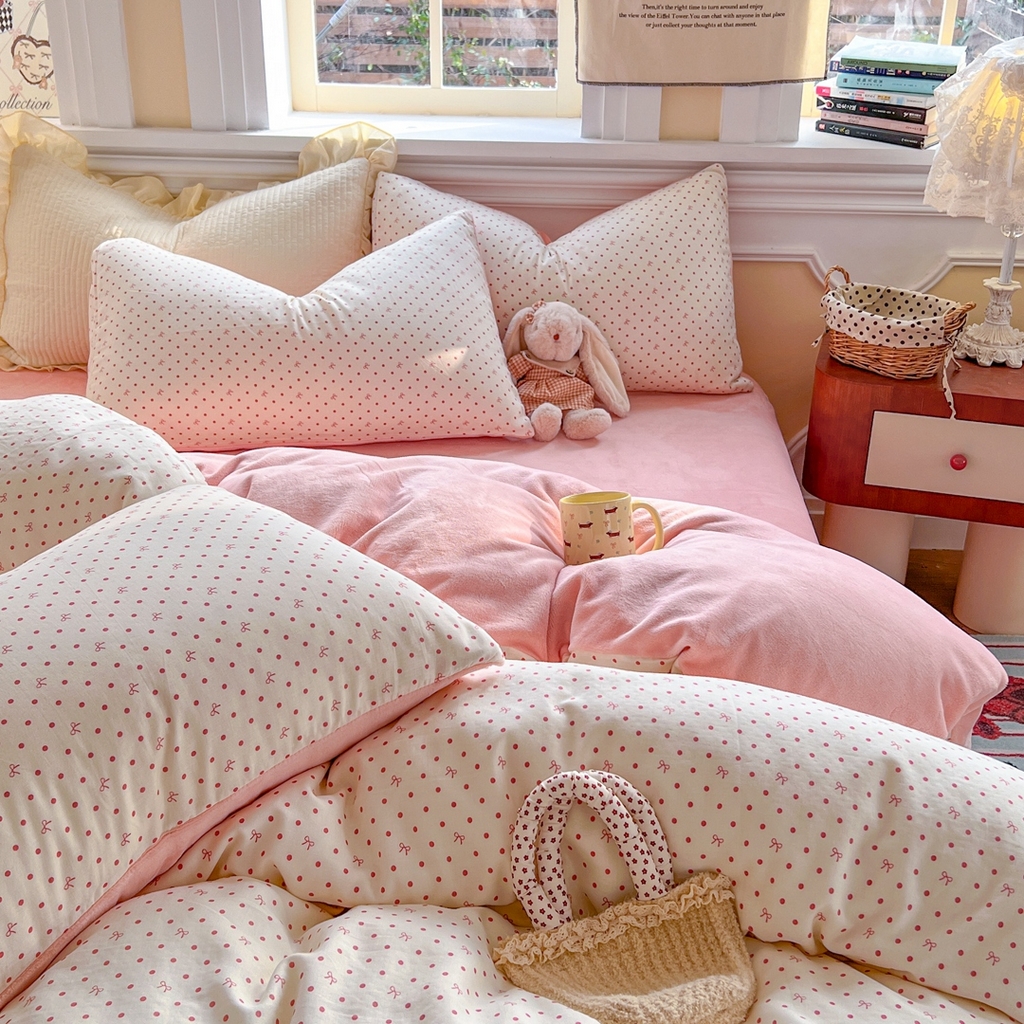 91家纺网 家纺一手货源 找家纺 金丝鸟家纺 2025新款全棉双层纱加牛奶绒四件套 点点礼物 粉