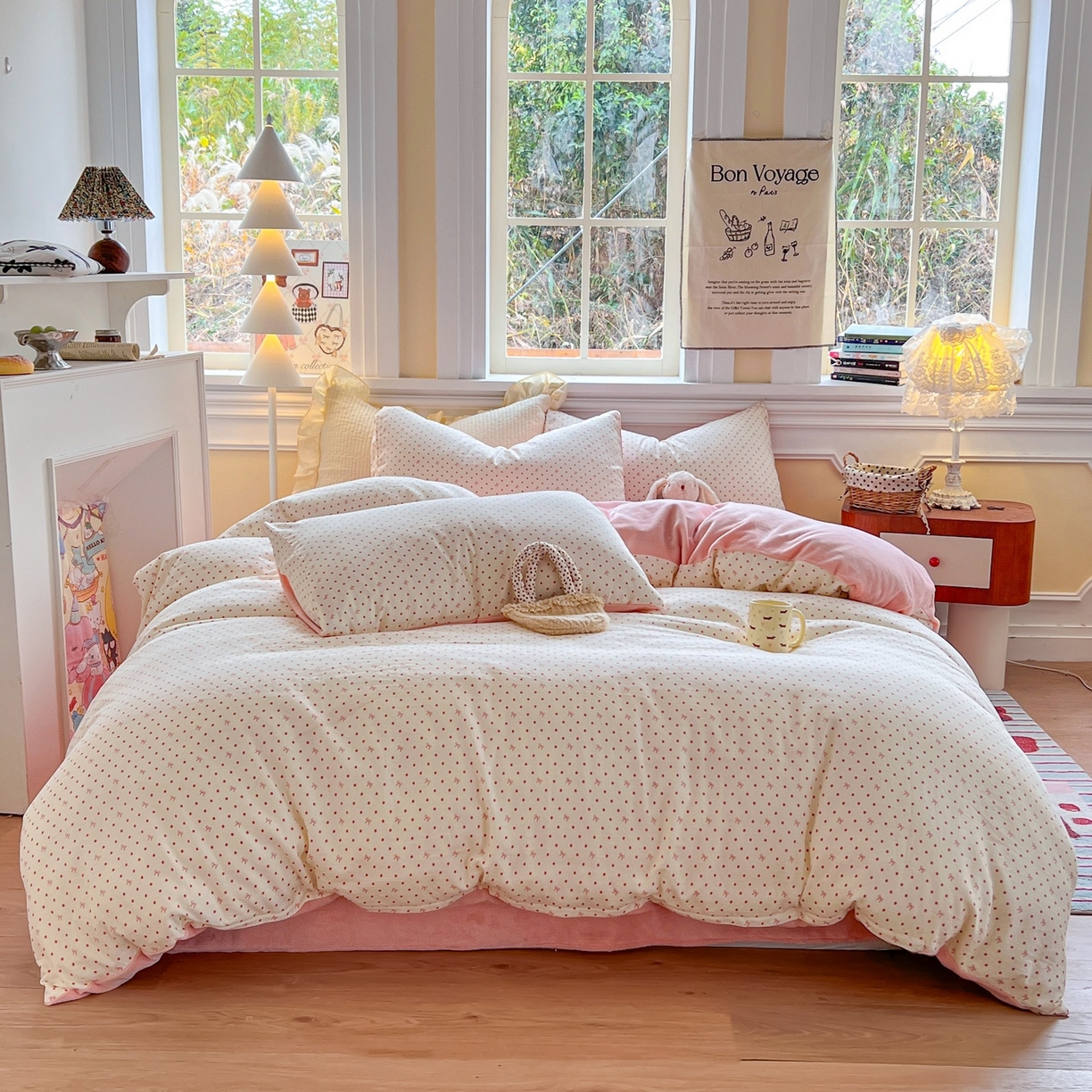 91家纺网 家纺一手货源 找家纺 金丝鸟家纺 2025新款全棉双层纱加牛奶绒四件套 点点礼物 粉