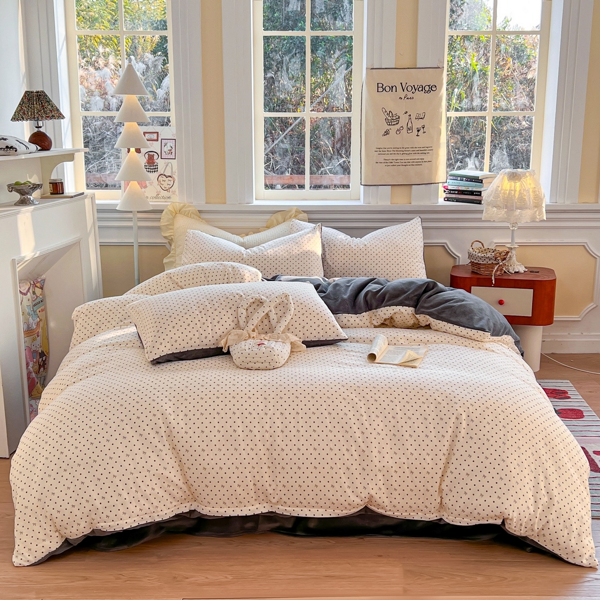 91家纺网 家纺一手货源 找家纺 金丝鸟家纺 2025新款全棉双层纱加牛奶绒四件套 点点礼物 黑