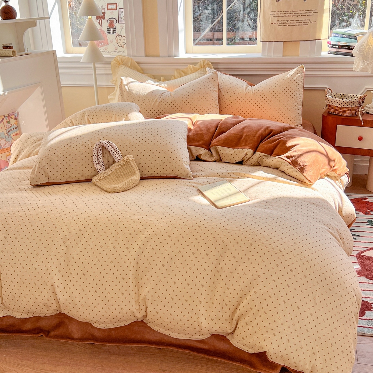 金丝鸟家纺 2025新款全棉双层纱加牛奶绒四件套 点点礼物 咖