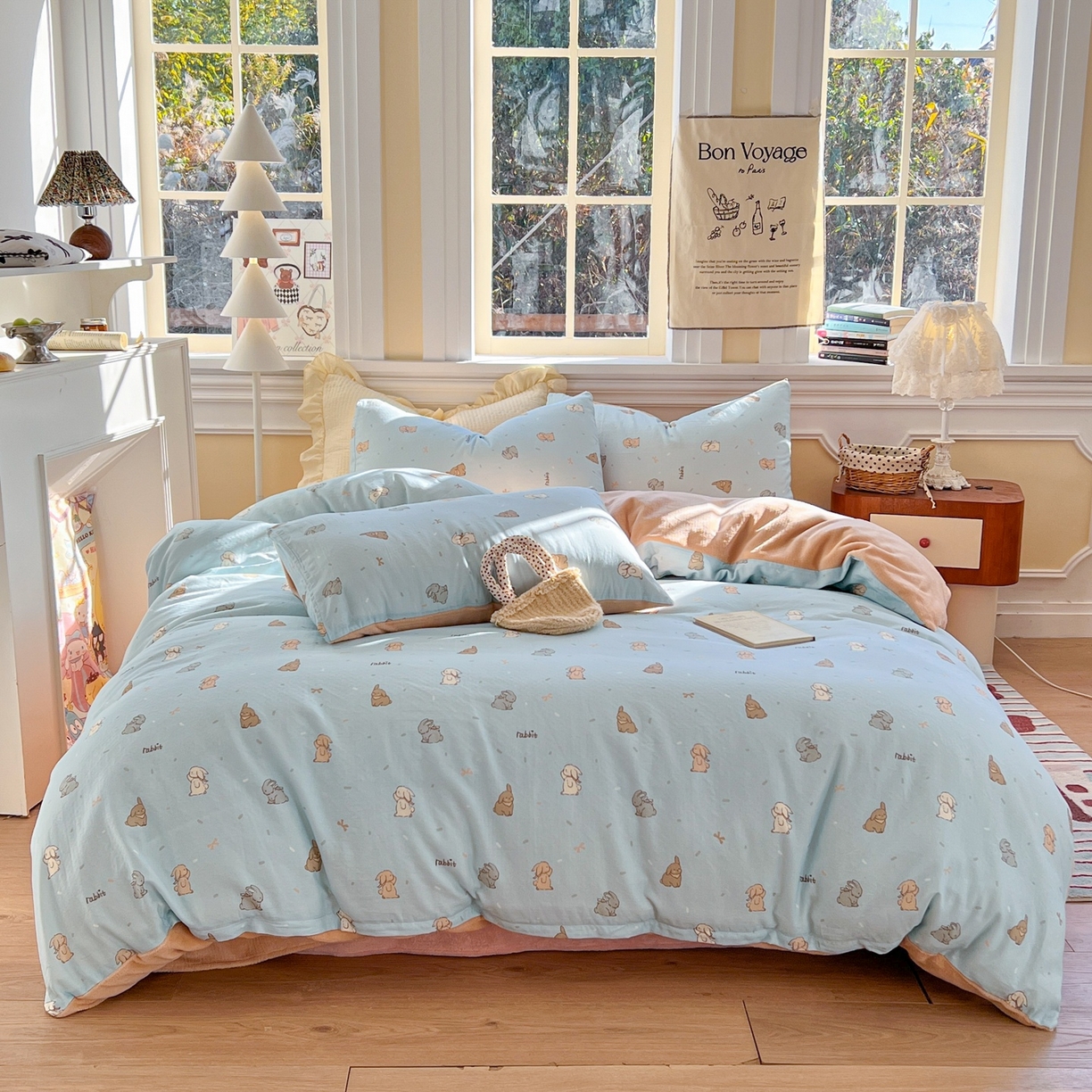 91家纺网 家纺一手货源 找家纺 金丝鸟家纺 2025新款全棉双层纱加牛奶绒四件套 灰灰兔